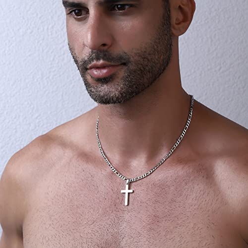 WEDDINEN Cross Necklace for Men Boys, Stainless Steel Layered Cross Pendant Cuban/Figaro Chains Christmas Jewelry Gifts - color: Silver, size: 16in/18in