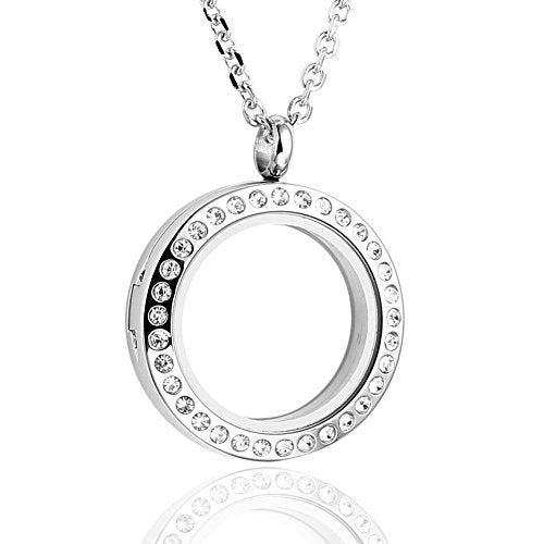 Jovivi 25/30mm Living Floating Memory Locket Necklace - 316 Surgical Stainless Steel Round Crystals Buckle Closure - color: 30mm Locket