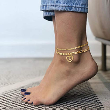 YANODA Initial Ankle Bracelets for Women 14K Gold Plated Layered Figaro Chain Letter Initial Anklets Handmade Layered Heart Ankle Bracelets Personalized Jewelry for Women - color: A