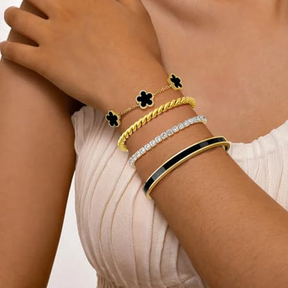 MOINSPIRE Gold Bracelets for Women, 18K Gold Plated Tennis Nail Clover love Bangle Bracelets Set Non Tarnish, Stainless Steel Trendy Stackable Bracelet Fashion Jewelry Accessories Gifts for Christmas - color: B2-Black