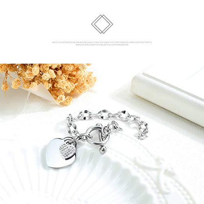kelistom 316L Stainless Steel Love Heart Charm Bracelet for Women Romantic Gift Silver/Rose/18k Gold Plated OT Clasp Bracelets - color: silver-1