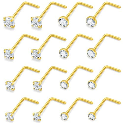 18G 20G 22G Round Cubic Zirconia Nose Rings Studs for Women Men 316L Stainless Surgical Steel Nose Ring Stud Piercing Jewelry Silver Gold Clear CZ 1.5mm 2mm 2.5mm 3mm - style: 22G L Shaped Gold