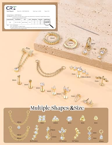 ORAZIO 16G/18G/20G Threadless Flat Back Earrings Push in Nose Rings Studs | 316L Surgical Steel Cartilage Earring Stacks Flatback Hypoallergenic Tragus Helix Conch Labret Medusa Piercing Jewelry - color: Style1-Gold, size: 20G=0.8mm