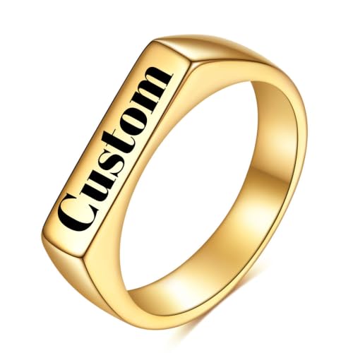 Stainless Steel Square Signet Rings for Men Women Gold/Silver Plain Pinky Thumb Ring, Gift for Dad Husband - color: Rectangle Gold-Custom