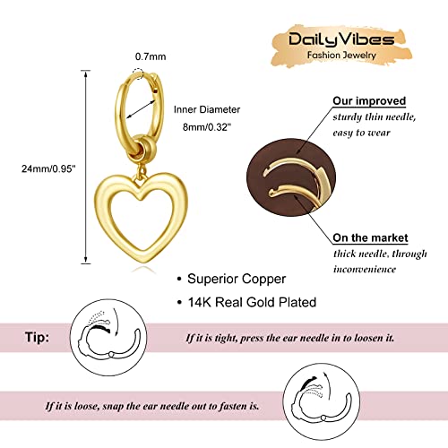 DAILY VIBES Cute Gold Mini Dangle Huggie Hoop Earrings for Women Trendy | 14K Gold Plated, Dainty Cubic Zirconia, Small Hoop Earrings with Charm Drop, Jewelry Gift for Women Ladies - color: Hollow Heart B
