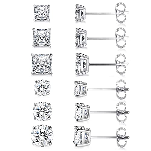 18K Gold Plated Round Princess Cut Clear Cubic Zirconia Stud Earring of 6 Pairs - color: A-white gold plated