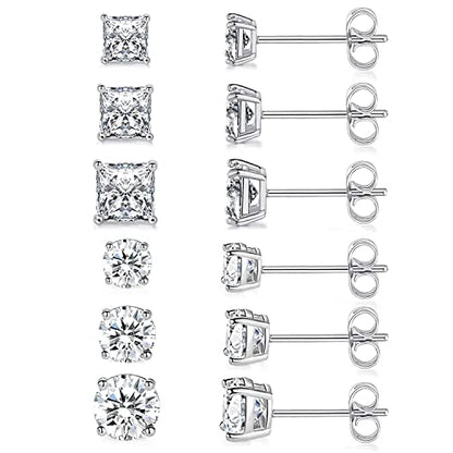18K Gold Plated Round Princess Cut Clear Cubic Zirconia Stud Earring of 6 Pairs - color: A-white gold plated