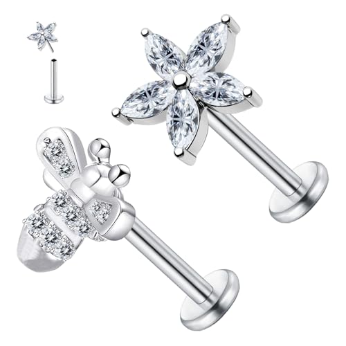 VERAMI 16G Surgical Steel Pushin Lip Rings Butterfly Flower Bee Nose Stud Rings Top Push in Threadless Flat Back Nose Rings Studs Cartilage Earrings for Womens - color: Silver：flowe & bee