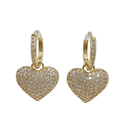 Dainty Full Cubic Zirconia Heart Dangle Small Hoop Earrings for Women Ladies Trendy Sweet Crystal Bling CZ Love Charm Drop Huggie Earring for Her Birthday Valentines Mother's Day Fine Jewelry Gifts - color: Gold-tone