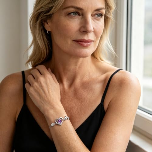 1CT Rose Heart Birthstone Bracelet for Women Love Gift - style: 02-Feb Dark Purple Silver