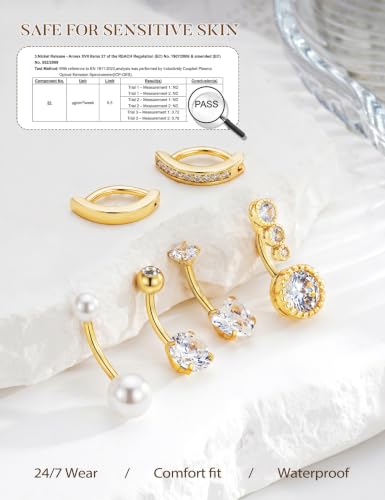 Hypoallergenic Belly Button Ring for Women | 14G, Stainless Steel, Gold Heart CZ Beaded Ball Pearl Belly Ring Stack, Curved Navel Belly Button Piercing Body Jewelry, 9PCS - color: 6PCS-14K Gold Plated