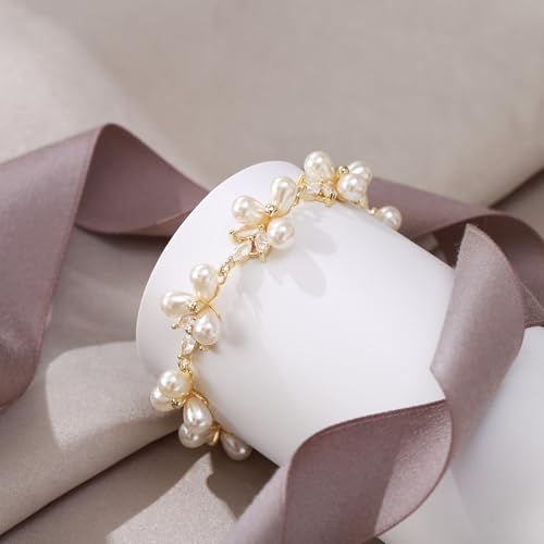 EVER FAITH Cubic Zirconia Pearl Bridal Prom Tennis Bracelet for Women | Elegant Pear CZ Wedding Jewelry Gift, for Bride Bridesmaid - style: Leaf_Gold-Plated-Brass