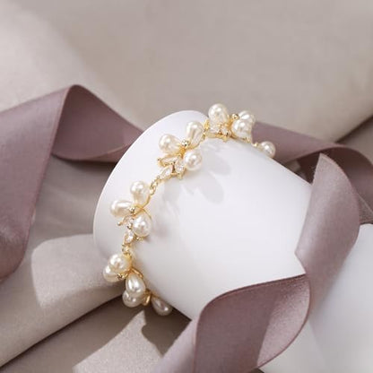 EVER FAITH Cubic Zirconia Pearl Bridal Prom Tennis Bracelet for Women | Elegant Pear CZ Wedding Jewelry Gift, for Bride Bridesmaid - style: Leaf_Gold-Plated-Brass