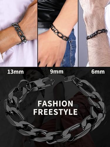 ChainsHouse Figaro Link Chain Bracelet for Men Stainless Steel Jewelry | Black/ Gold Bracelets Men, 6/9/13mm Figaro Cuabn Bracelets 7.5"/8.3", Chunky Hip Hop Wrist Hand Chain Bracelet for Gift - color: i: 13mm-black