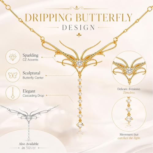 Gold Dripping Butterfly CZ Waist Chain for Low-Rise Y2K, Adjustable Silver 18K Elegant Dripping Butterfly Pendant Chain Belt, Festival Rave Accessories Fit Dresses Jeans