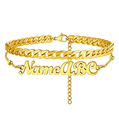 PROSTEEL Trendy Handcuffs Design/Customize Words Ankle Bracelet For Women, 316L Stainless Steel Anklets Silver/Gold/Black Tone, Hypoallergenic, Come with Box - style: 08 Customize-Cuban Link(8.5"-10.5")-Luxury Gold