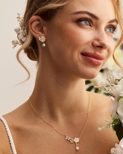 Pearl Earrings for Women Trendy Dainty Wedding Earring 14K Gold Plated/Silver Plated Dainty Cute Drop Dangle Pearl Earrings Studs Hypoallergenic CZ Diamond Wedding Earrings for Brides Prom Jewelry Gift for Women - color: 01.Gold flower