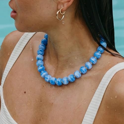 Beaded necklace for Women Boho Bead Gemstone Chunky Necklace Big Bead Necklace Fashion Trendy Summer Necklaces Jewelry Gifts - color: Light Blue
