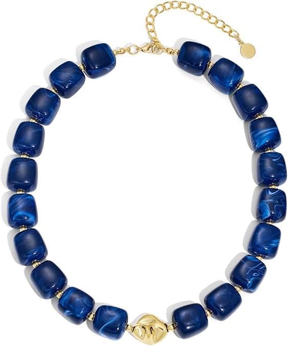 Chunky Beaded Necklace for Women,Square Resin beads boho Choker Necklace with gold-tone spacers,Fashion Trendy Summer Beach Party Necklaces Handmade Surfer Beach Necklaces Jewelry Gifts - color: Deep Blue