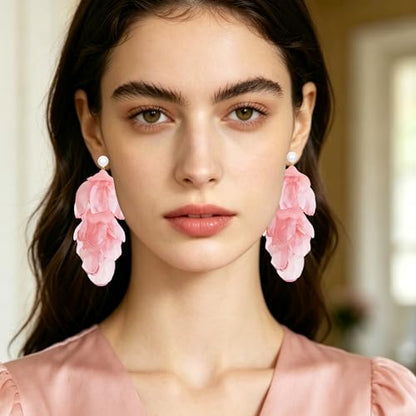 Handmade Bohemian Lightweight Fabric Flower Dangle Drop Earrings Chic Pearl Large Tassel Petal Stud Earrings For Women - color: Meat Pink