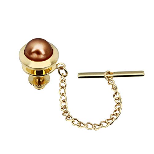 AMITER Crystal/Pearl Tie Tack with Chain, Gold Mens Tie Pin Necktie Pins Lapel Pin for Wedding Birthday Anniversary Party - color: 24k Gold+Brown Imitation Pearl