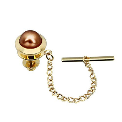 AMITER Crystal/Pearl Tie Tack with Chain, Gold Mens Tie Pin Necktie Pins Lapel Pin for Wedding Birthday Anniversary Party - color: 24k Gold+Brown Imitation Pearl