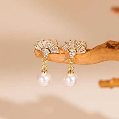 Pearl Earrings - 14K Gold/White Gold/Rose Gold Plated Cubic Zirconia CZ Diaomond Accented Pearl Drop Dangle Earrings for Women Wedding Bridal Prom - color: Fan drop