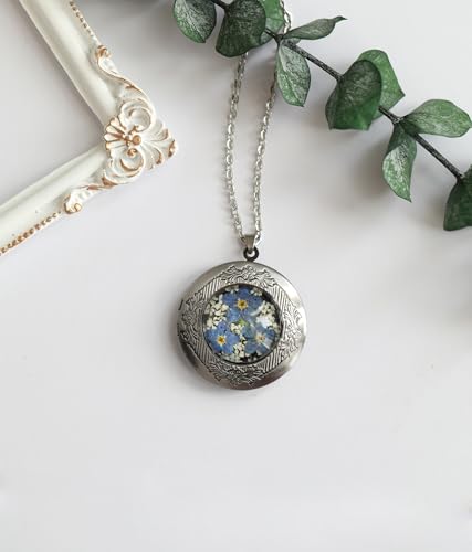 Handmade Oval Shaped Photo Locket with dried Pressed Flowers Locket pendant Necklace - style: Blue ForgetMeNot-Silver