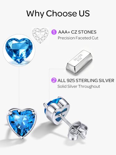 ChicSilver 925 Sterling Silver Earrings Sparkling Heart/Round/Princess Cut Birthstone Earrings for Women Birthday Jewelry with Gift Box - style: B.December(Blue Topaz)-Heart Cut