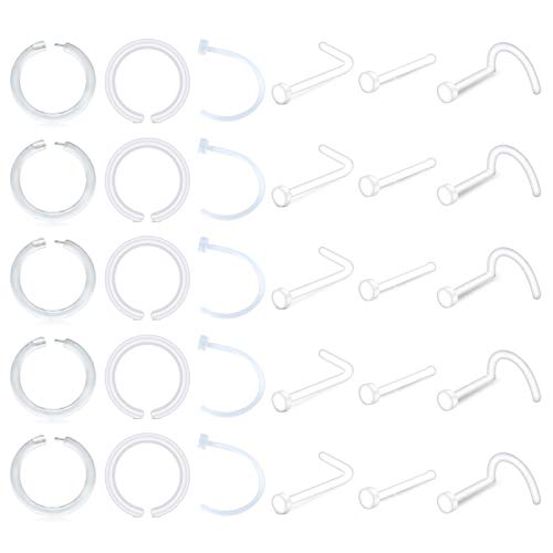 D.Bella Clear Nose Rings: 18G Retainer & 20G Hoop, Flexible Acrylic Piercing Kit for Work & Surgery - color: 30 Pcs- mix Style
