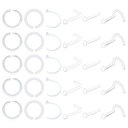 D.Bella Clear Nose Rings: 18G Retainer & 20G Hoop, Flexible Acrylic Piercing Kit for Work & Surgery - color: 30 Pcs- mix Style