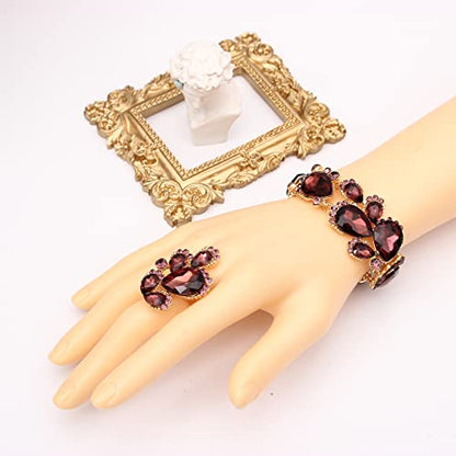 Women's Wedding Bridal Austrian Crystal Glass Teardrop Statement Necklace Dangle Earrings Bracelet Ring Wedding Party Jewelry Set for Bridal Bridesmaid - color: Purple-Gold Plated