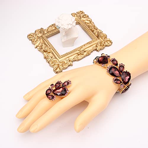 Women's Wedding Bridal Austrian Crystal Glass Teardrop Statement Necklace Dangle Earrings Bracelet Ring Wedding Party Jewelry Set for Bridal Bridesmaid - color: Purple-Gold Plated