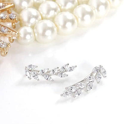 14K Gold or 925 Silver Plated Ear Crawler Earrings - Crystal Leaf Climbers | Hypoallergenic and Safe for Sensitive Ears - color: 925 Sterling Silver Plated