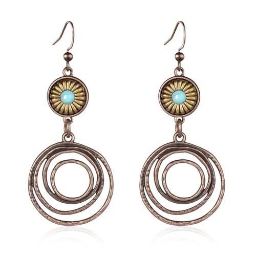 Boho Turquoise Dangle Earrings For Women Trendy,Western Blue Gemstone Drop Earings,Vintage Gothic Ethnic Statement Beach Vacation Long Birthstone Earrings with Leaf Teardrop Turquoise Crystal Tassels,Fashion Jewelry Birthday Gift. - style: A8 Hoops Bronze