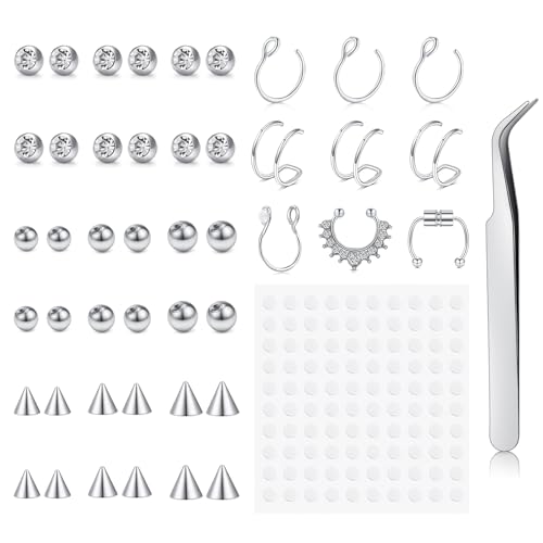Fake Eyebrow Ring Fake Lip Labret Studs Replacement Balls Spike with 100pcs Sticker Non-Piercing Body Jewelry Fake Skin Piercing - color: F1-Silver