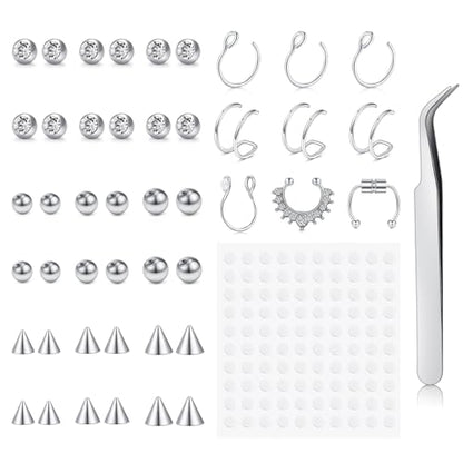 Fake Eyebrow Ring Fake Lip Labret Studs Replacement Balls Spike with 100pcs Sticker Non-Piercing Body Jewelry Fake Skin Piercing - color: F1-Silver