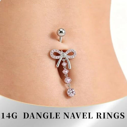 G&O JFU 9 Pcs Belly Button Ring Dangle Hypoallergenic Surgical Stainless Steel Heart Flower Pearl Bow Dangly Belly Rings for Women 14G Clicker Floating Navel Piercing Jewelry - color: Silver Pink