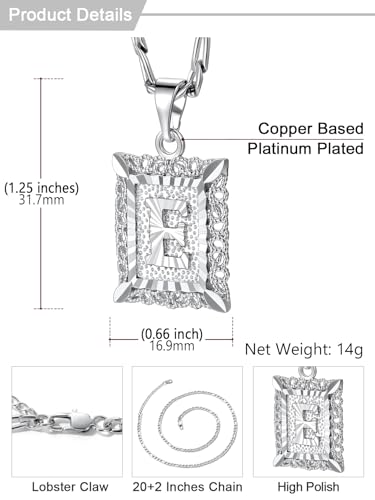 U7 Initial Letter Necklace for Men Women, 14K Gold/Silver Plated Square Capital Monogram Pendant Necklace from A-Z with 22+2 Inch Figaro Chain, Personalized Jewelry for Him - color: Silver, style: E