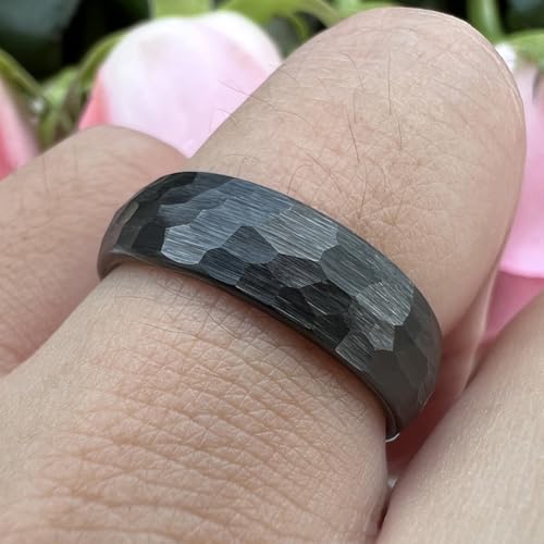 TUTISS 6mm 8mm Silver/Black/Gold/Rose Gold Hammered Tungsten Rings for Men Women Couple Fashion Jewelry Engagement Wedding Bands Domed Matte Finish Comfort Fit - color: 6mm Black Tungsten