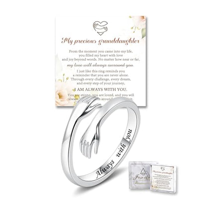 Sterling Silver Hug Ring for Women Teen Girls Adjustable Love Promise Ring Inspirational Open Rings Mothers Day Birthday Gift for Daughter Granddaughter Mom Wife Best Friend - color: Silver / Granddaughter Gift (Always with you)