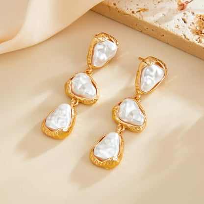 Baroque Pearl Dangle Drop Earrings for Women Gold Plated Irregular Pearl Earrings Fashion Statement Jewelry for Wedding Party - color: Gold