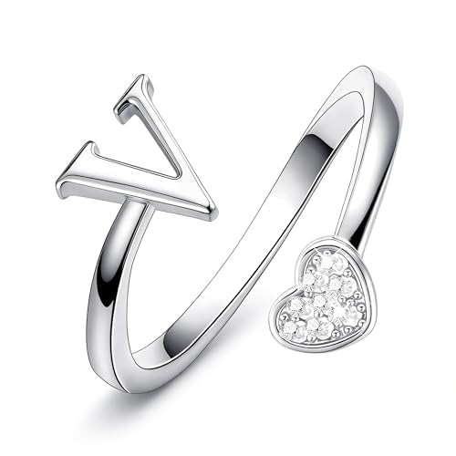 Lunvky Birthday Gifts Silver Initial Rings for Women Teen Girl Kids Trendy Stuff Dainty 14K Gold Plated Adjustable Heart Letter Thumb Rings Pinky Cute Jewelry Personalized Gift - color: Silver, size: Initial-V