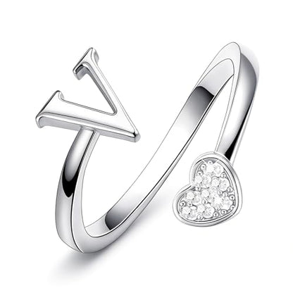 Lunvky Birthday Gifts Silver Initial Rings for Women Teen Girl Kids Trendy Stuff Dainty 14K Gold Plated Adjustable Heart Letter Thumb Rings Pinky Cute Jewelry Personalized Gift - color: Silver, size: Initial-V
