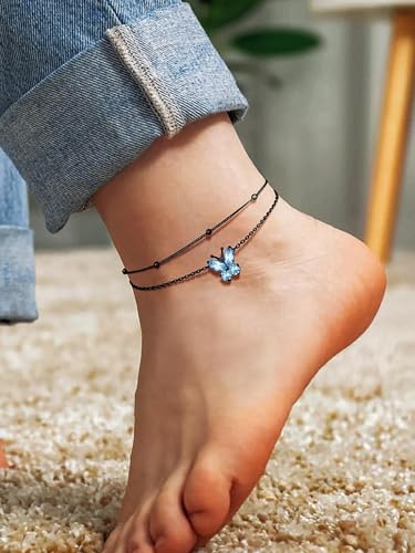 Richsteel Double Layer Heart/Butterfly Birthstone Anklet for Women | Non Tarnish Waterproof, Silver/Gold/Black Stainless Steel 8.5-10.5 Inch Adjustable Chain Anklets Summer Beach Foot Jewelry - color: Black Butterfly-03 Mar.(Aquamarine)