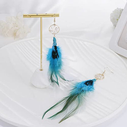 Bohemian Pheasant Peacock Long Feathers Statement Earrings Handmade Natural Lightweight Feather Dangle Earrings for Women (ea000071) - color: Dreamcatcher Blue