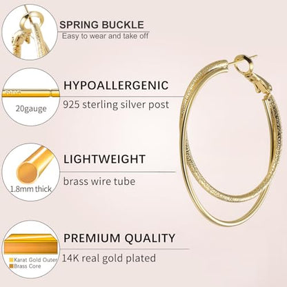 Double Hoop Earrings for Women,925 Sterling Silver Earrings Hoop Post 14K Gold Hoops Non Tarnish Sturdy backless earrings for women,Large Thin Lightweight Hypoallergenic 40mm,Trendy Jewelry Gift - color: Gold