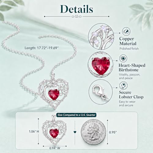 Gamtic Tree of Life Birthstone Pendant Necklace - Heart Cubic Zirconia Diamond Necklace Birth Month Necklaces Birthday Gift for Her Wife Mom Daughter Grandma Girlfriend Anniversary Jewelry Gift - style: July