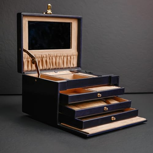 Time Resistance Leather Jewelry Box - Full Grain Leather Organizer, Accessories Storage with Key Lock for Women (Blue)