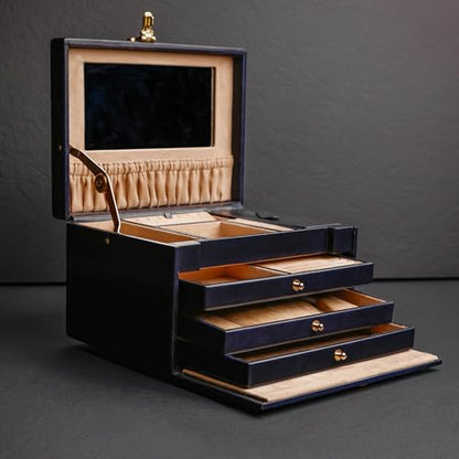 Time Resistance Leather Jewelry Box - Full Grain Leather Organizer, Accessories Storage with Key Lock for Women (Blue)